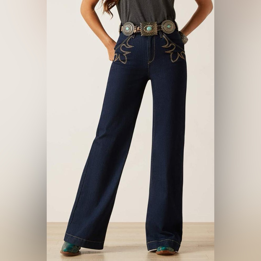 Ariat Dark Blue Wide Leg Jeans with Western Embroidery